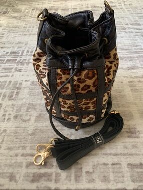 Leather-Trim Leopard Print Bucket Bag with Detachable NEW Strap